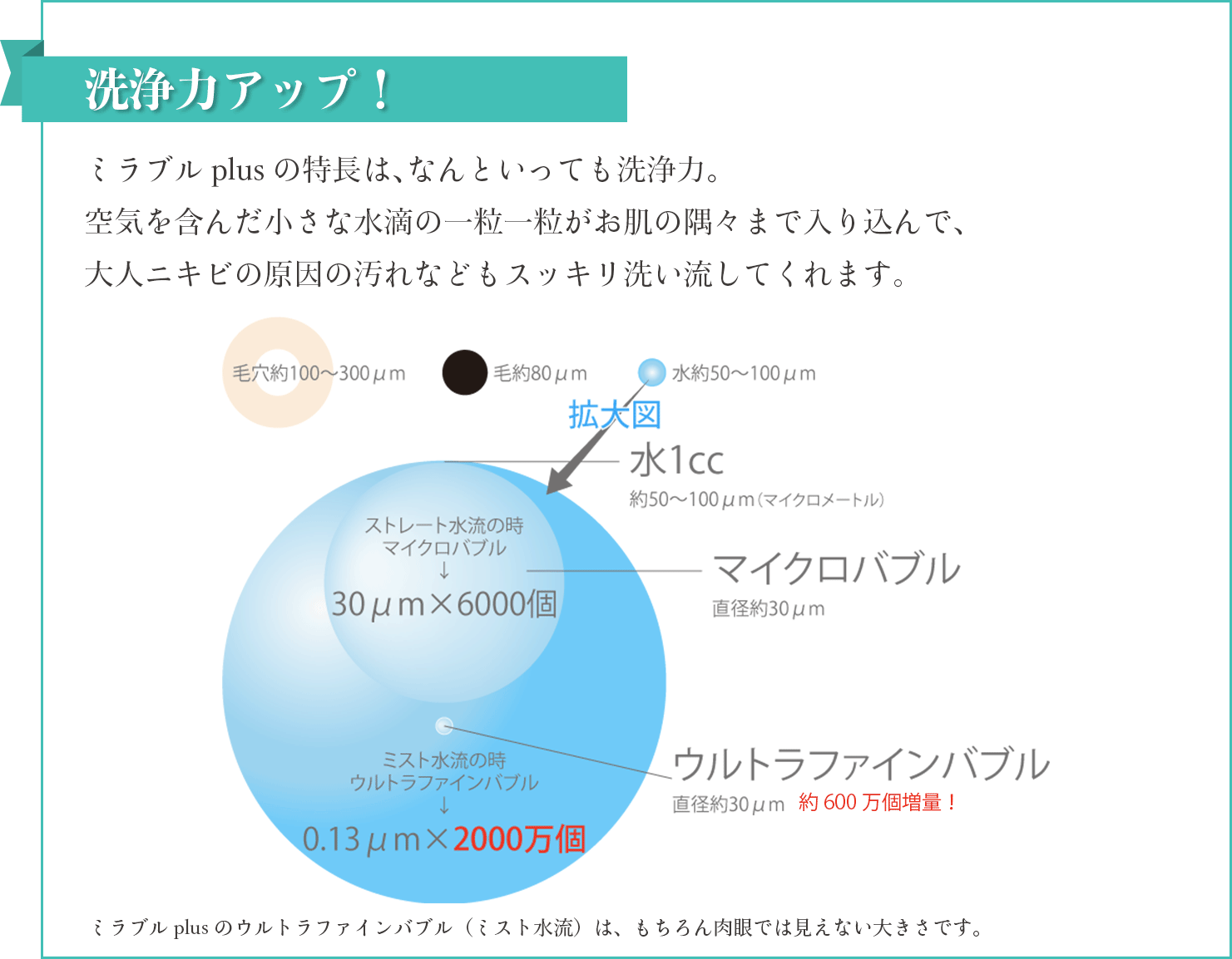 ミラブルplusの特長は､なんといっても洗浄力｡空気を含んだ小さな水滴の一粒一粒がお肌の隅々まで入り込んで、大人ニキビの原因の汚れなどもスッキリ洗い流してくれます。